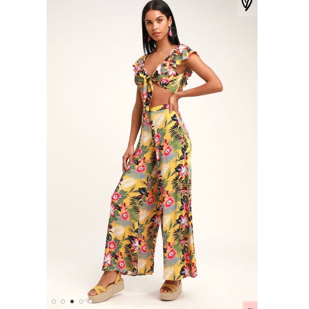 Lulus Yellow Tropical Print Two-Piece Jumpsuit M